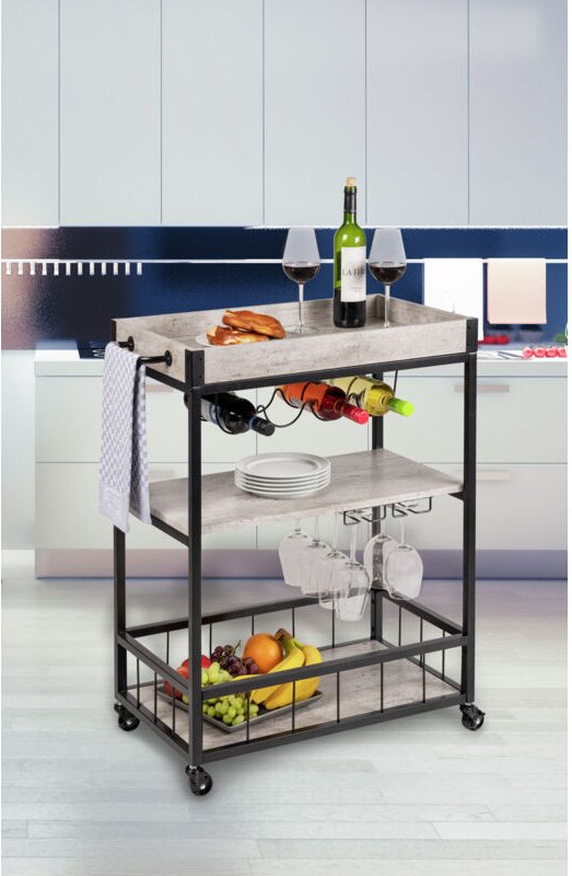 WENKO Küchenwagen Rustico Beton/Schwarz, Servierwagen, Beistellwagen, Grau, lackiertes Metall schwarz, MDF grau, Polyvin...