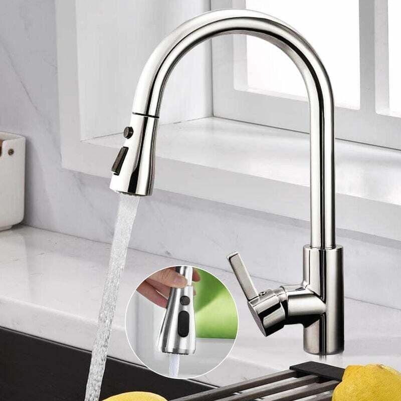 Küchenarmatur mit Ausziehbrause, Küchenmischbatterie mit 3 Betriebsmodi, Chrom-Finish, Küchenarmatur aus Edelstahl 304 m...