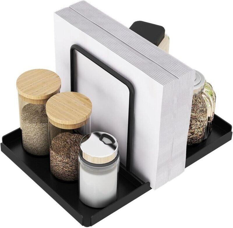 Schwarzer Serviettenhalter aus Metall mit Salz- und Pfefferstreuerfach, Serviettenspender für den Tisch, Küchenaccessoir...