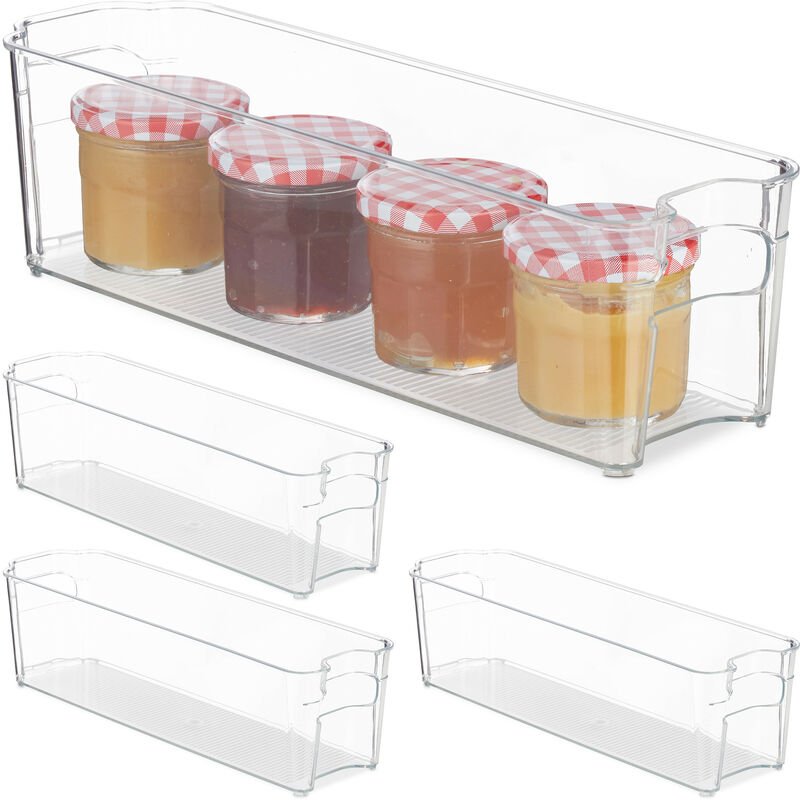 4 x Kühlschrank Organizer, schmaler Küchen Organizer mit Griffen, für Lebensmittel, 10 x 11 x 37,5 cm, transparent