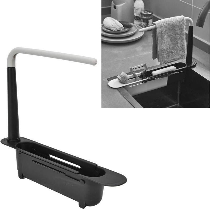 Teleskop-Spülbeckenablage, längenverstellbar, großes Fassungsvermögen, aus Polypropylen, ausziehbar, schwarz