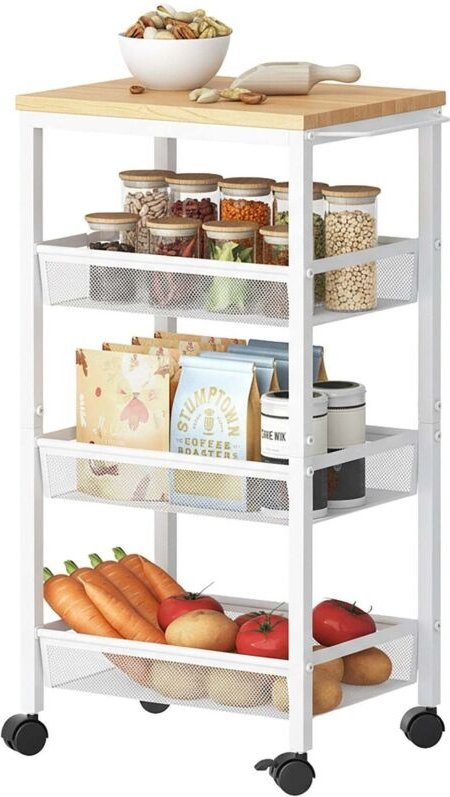 Schmaler 4-stöckiger Küchenwagen - Metall- und Holzoptik