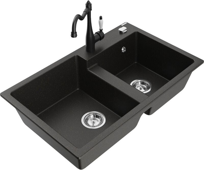 Mexen Tomas 2-Becken-Granitspüle mit Mischbatterie Carla, Schwarz/Gold metallisch - 6516-75-670700-70