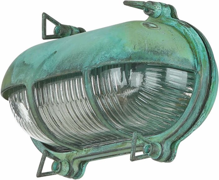 Licht-erlebnisse - Außenleuchte Wand Messing Riffelglas Maritim IP64 b: 21 cm h: 13 cm E27 Grün antik Wandlampe