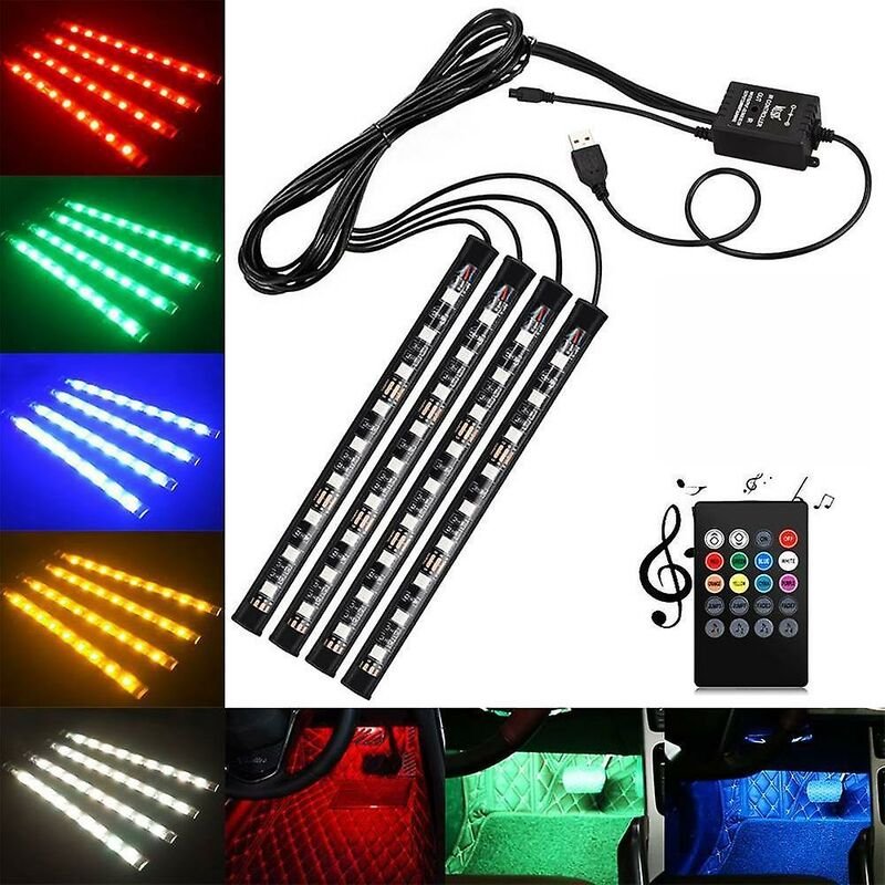 Woosien - 4x Dc12v 9 Led Rgb Auto Innenraum Atmosphäre Fußraum Streifen Licht usb Ladegerät