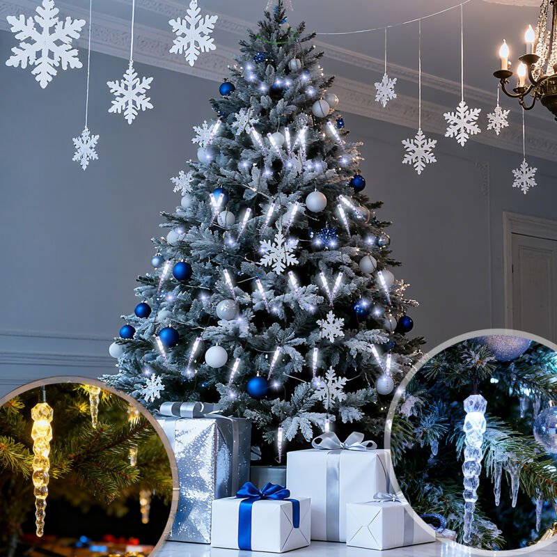 LED Lichterkette Weihnachtsbaum Lichterkette mit Warm+Kaltweiß funkelnden Eiszapfen 11 Modi/ 2m 8 Girlanden für 150cm - ...