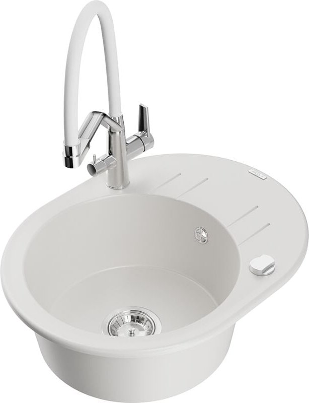 Mexen Kevin 1-Becken-Granitspüle mit Mischbatterie Duo, Weiß - 6517-20-671701-02