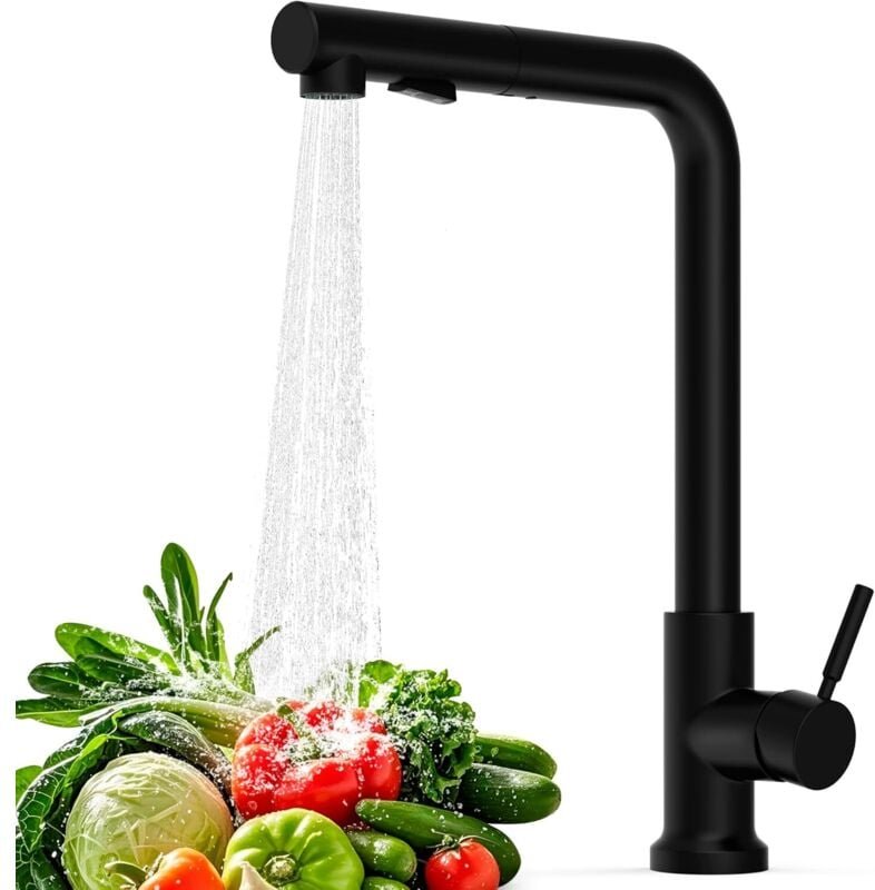 Thumbnail - Küchenarmatur mit Ausziehbrause, 360° Drehbarer Einhebel-Küchenmischer, L-Form Wasserhahn, Moderner Edelstahlhahn, 2 Str...
