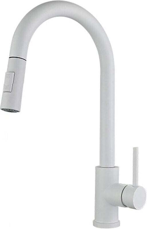 Küchenarmatur, weiß, Edelstahl, weiter Auslauf, ausziehbar und 360° schwenkbar, Einhebel-Spültischmischer mit 2 Betriebs...