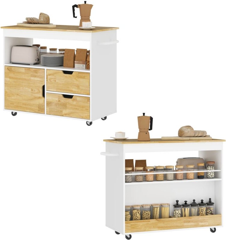 HOMCOM Küchenwagen Servierwagen mit Arbeitsplatte, Schubladen, Rollwagen mit Küchenschrank mit Soft-Close-Tür, Griff, Kü...