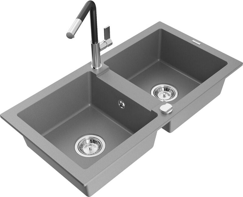 Mario 2-Becken-Granitspüle mit Mischbatterie Flora, Grau - 6504-71-670401-07 - Mexen