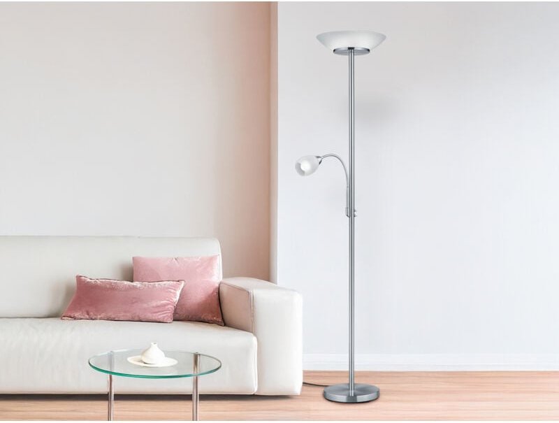 Reality Leuchten - Deckenfluter gerry mit Flex Leselampe, Silber & Glasschirm Weiß, Höhe 180cm