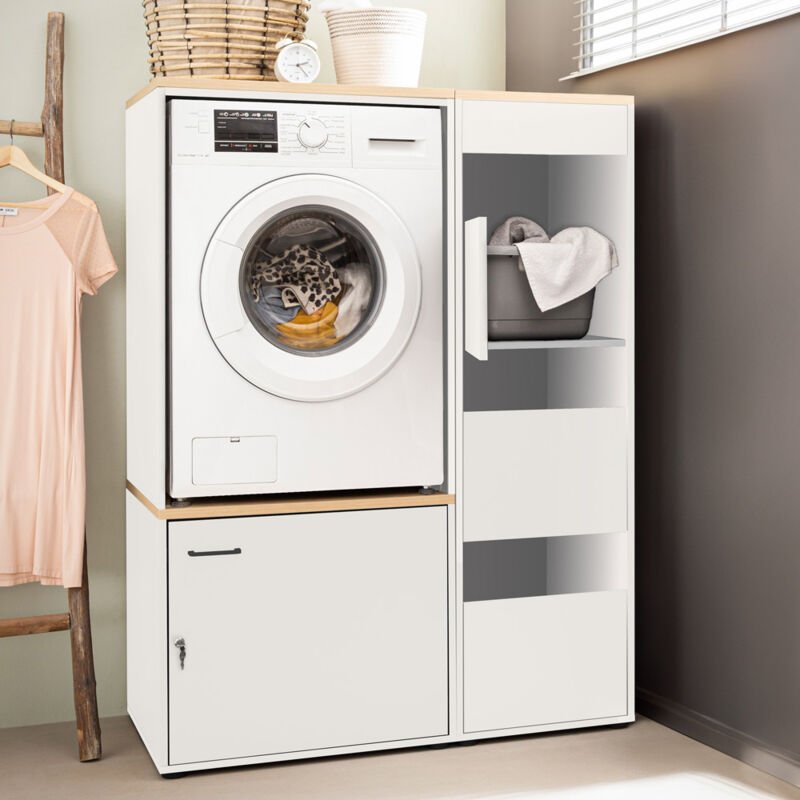 Waschmaschinenumbau mit Wäscheschrank und abschließbarem Putzmittelschrank Hauswirtschaftsraum weiß mit Eiche STOBY-80
