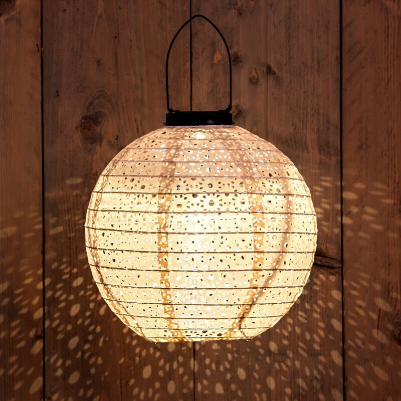 Spetebo - led Solar Textil Lampion rund creme - 25 cm - Garten Deko Beleuchtung warm weiß