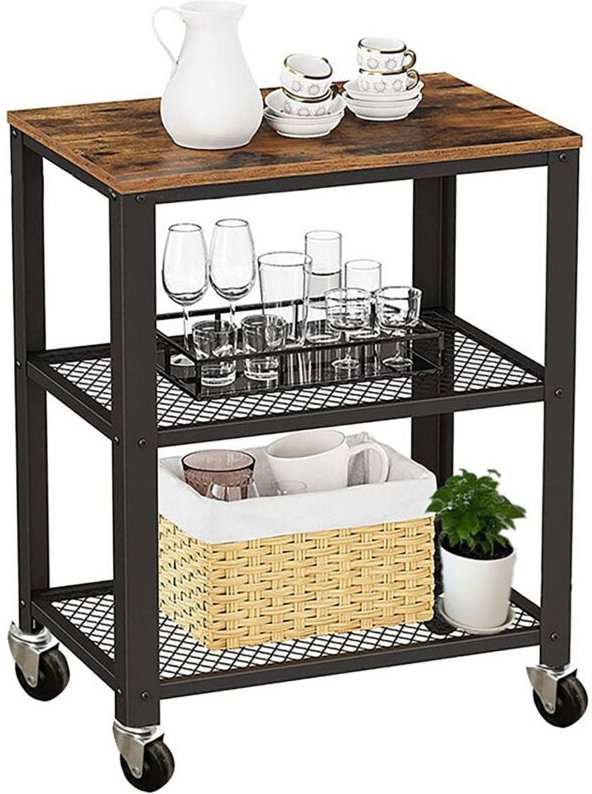 Küchenwagen, 3-stöckig, Stahlrahmen, Holzablagen