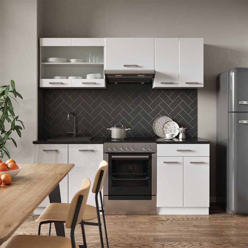 Vicco - Küchenzeile R-Line, Weiß Hochglanz/Weiß, 200 cm ohne Arbeitsplatte