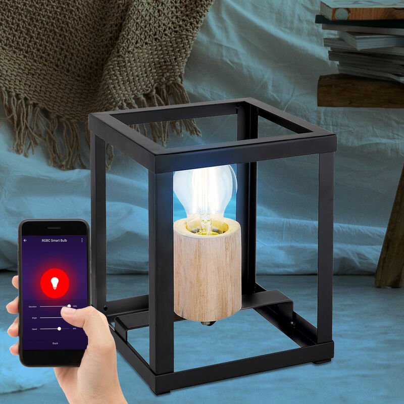 Tischleuchte Holz Tischlampe schwarz Industriell Beistellleuchte Wohnzimmer, cct App Steuerung, Smart rgb led 15W 1300Lm...
