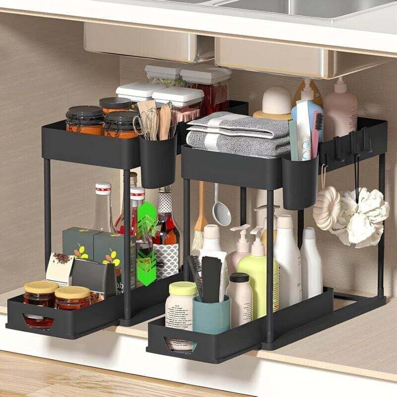 2er-Pack Küchenunterschrank-Sets – Unterschrank – Designer-Design mit Schubladen – 8 Haken inklusive – Ideal für Bad und...