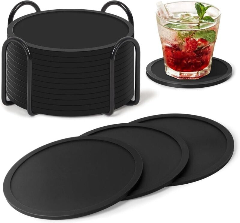 Set mit 12 runden, rutschfesten und isolierenden Silikonuntersetzern, schwarz, mit Aufbewahrungshaltern, geeignet für al...