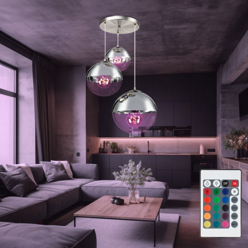 Hängeleuchte Glaskugeln Pendelleuchte Kugellampe Esszimmerleuchte hängend, Chrom klar, Fernbedienung dimmbar, 3x led rgb...