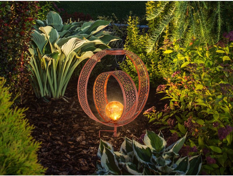 Led Solarleuchte mit Dekorstanzungen in Rostoptik & Crackle Kugel, Höhe 42cm