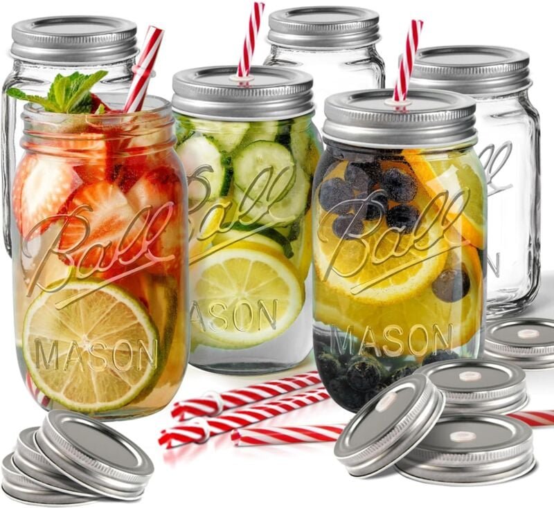 DOLASO Einmachgläser-Set, 6 Stück, Einmachgläser aus Glas mit 12 luftdichten Deckeln und 6 wiederverwendbaren Strohhalme...