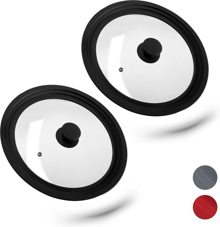 2 x Topfdeckel universal, Glasdeckel mit abgestuftem Silikonrand, Töpfe & Pfannen 26-30 cm, HxD: 5 x 31,5 cm, schwarz