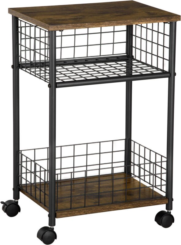 Küchenwagen im Industriedesign 1 Regal 1 Aufbewahrungskorb 4 Räder 40 cm x 30 cm x 62 cm Stahl Schwarz + Braun