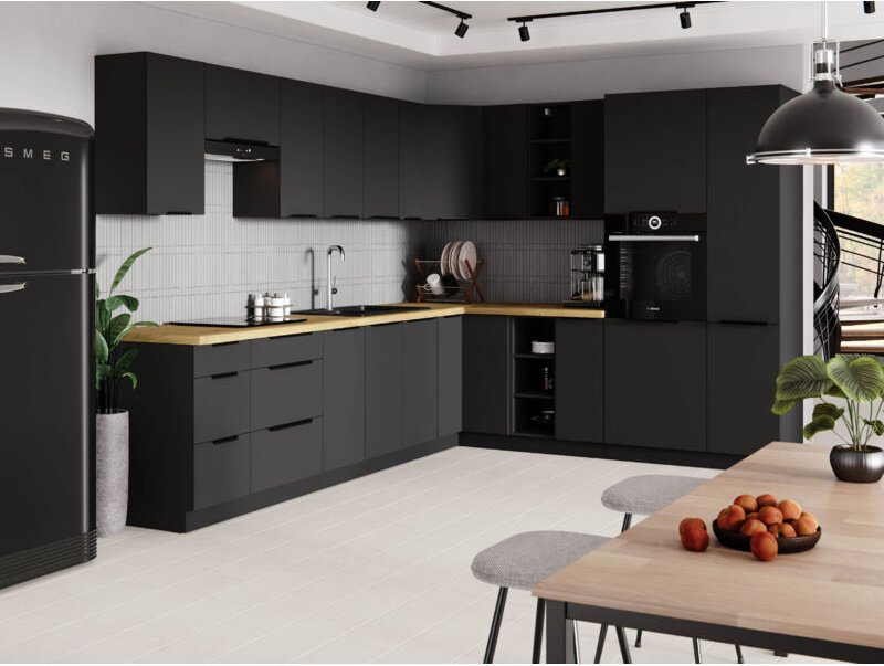 Eckküche -Set Linares 310x250 cm mit Hängeschränken Matt-Schwarz - Furnix