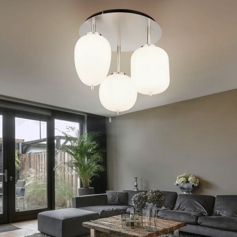 Thumbnail - Deckenlampe Deckenleuchte Wohnzimmerlampe Schlafzimmerleuchte, 3 Flammig, Metall Nickel matt Glas opal, 4W 320Lm warmwei...