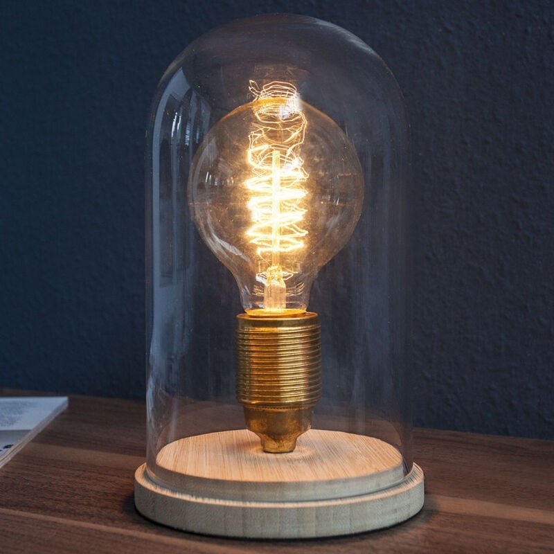 Tischleuchte klein Ø 15 x (H) 20 cm E27 Holz Glas Tischlampe Beistelllampe