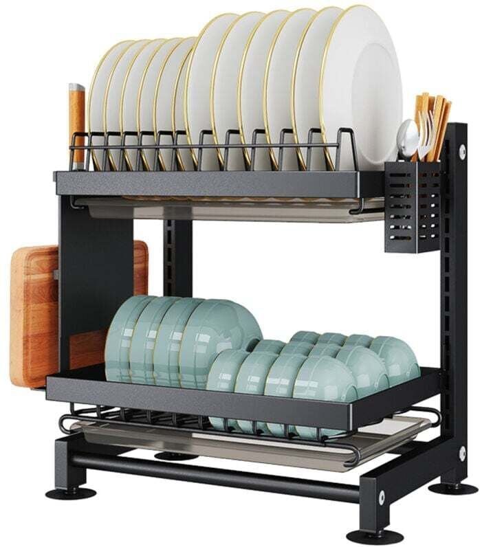 Abtropfgestell für die Küche mit 2 Ebenen, schwarzes Abtropfgestell, Abtropfgestell aus Edelstahl, Abtropfgestell mit Ut...