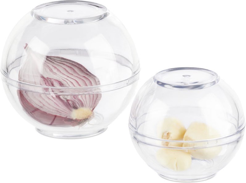 Relaxdays Zwiebeldose 2er Set, Frischhaltekugeln Knoblauch & Zwiebeln, Kühlschrank, Kunststoff, 7 & 9 cm Ø, transparent