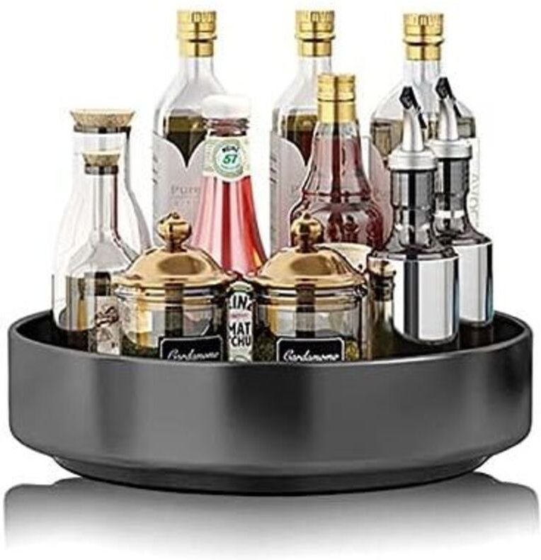 Schwarzes, drehbares Gewürzregal aus Edelstahl, 21,5 x 20 x 5 cm, für Küche, Speisekammer, Schrank, Tisch und Arbeitspla...