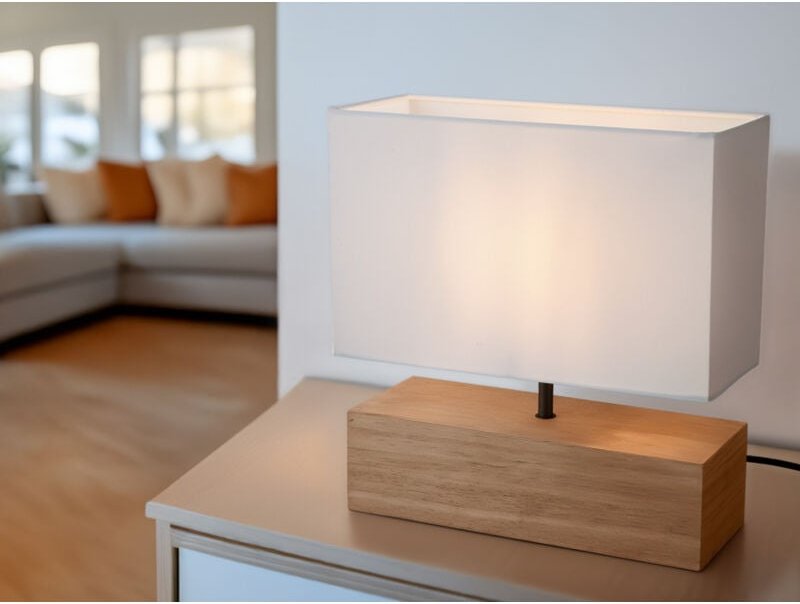 Led Tischleuchte Holzfuß mit Stoffschirm in Weiß, Höhe 30cm