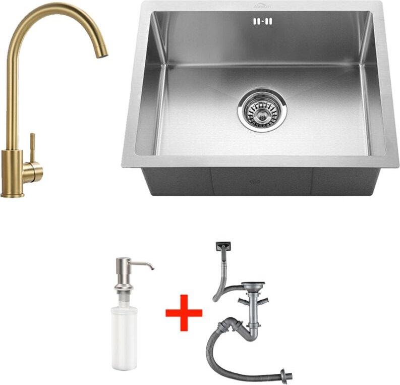 Edelstahl Küchenspüle 50 x 43 cm Einbauspüle für ab 60 cm Unterschrank + Hochdruck Golde Küchenarmatur