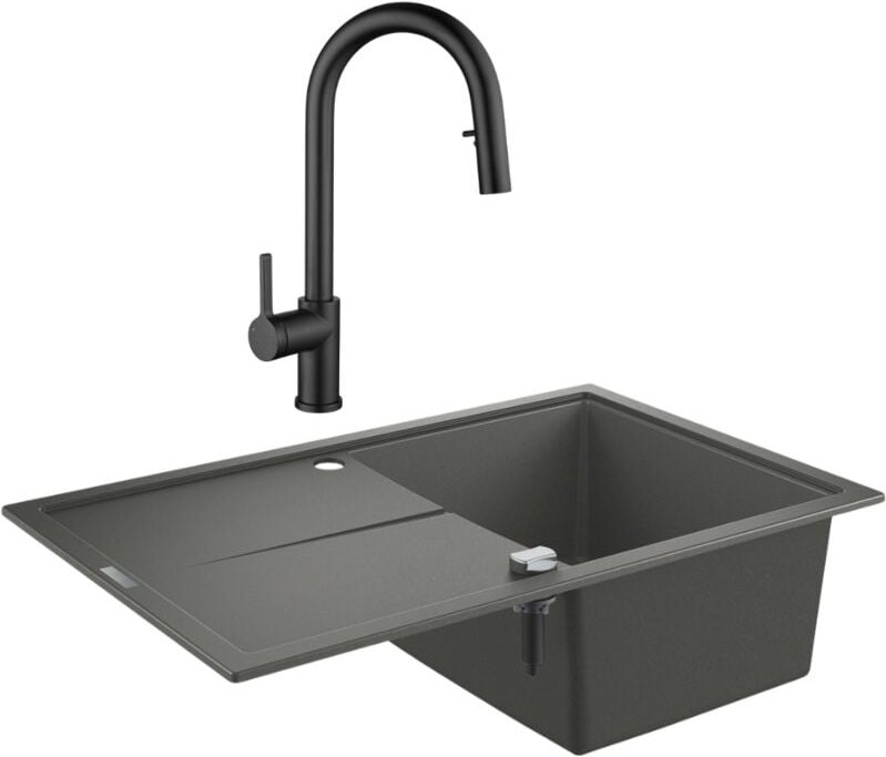 Grohe K400 Quarzverbundspüle mit reversibler Abtropffläche 780x500 mm + Ceramia Timeless Einhebelmischer (G31639TML2BM-S...