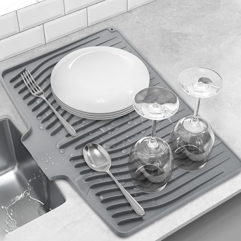 Silikon-Trockenmatte für die Küchenarbeitsplatte, Geschirrabtropfmatte, rutschfeste Trockenmatte mit integriertem Abflus...