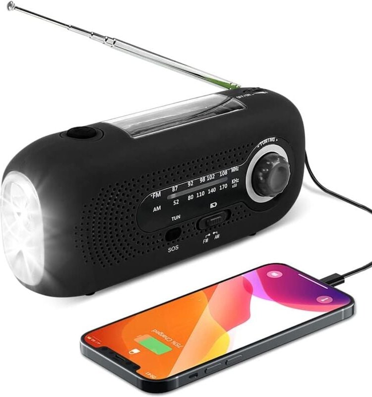 Solarradio, Notfall-Handkurbel, selbstbetriebenes AM/FM-Solar-Wetterradio mit 5 LED-Taschenlampe, 2000 mAh Notstrombank ...