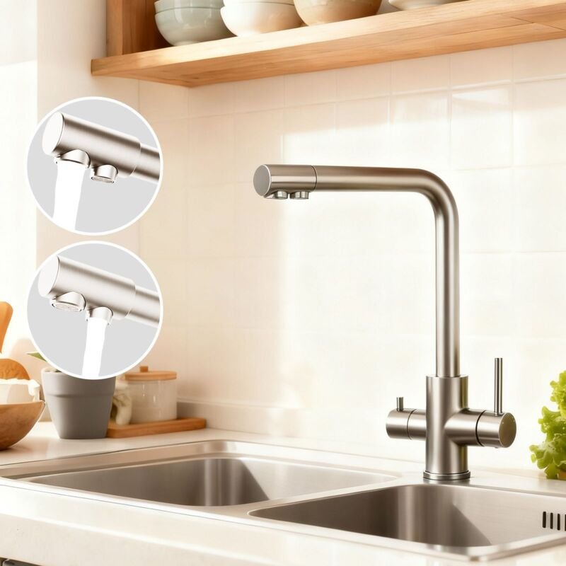 AICA Wasserhahn Gebürstet Küche Spültischarmatur 3-Wege mit Trinkwasserfilter 2-Hebel Design für Doppelspülen 360° Schwe...
