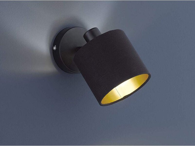 Meinewunschleuchte - led Wandstrahler Schwarz mit Stoffschirm Schwarz / Gold, Breite 12cm