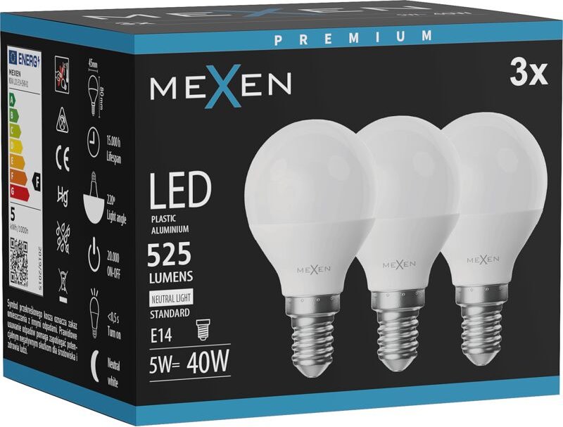 Mexen Nova 3x LED-Glühbirne E14, G45, 5W, Neutral - 4000K, 525 lm - L101-E14-0540-01x03