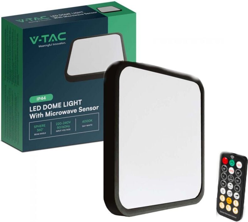 V-tac - 18W quadratische LED-Deckenleuchte, Fernbedienung und Bewegungsmelder, Schwarz, Naturweiß, IP44