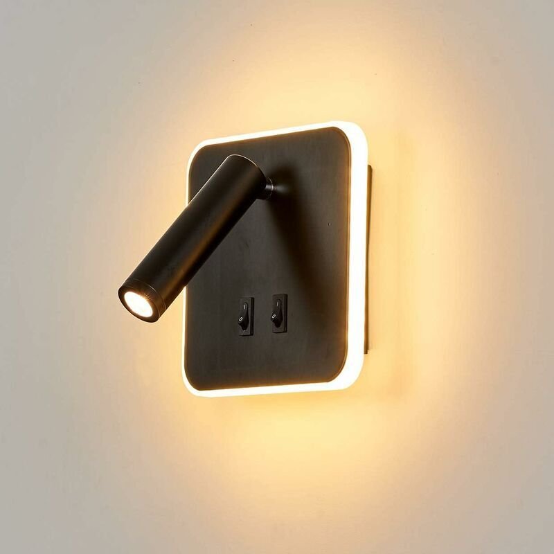 FOREHILL LED-Nachttischlampe, Leselampe, multifunktionale, drehbare Wandleuchte mit Schalter, B038, Schwarz, Quadratisch...