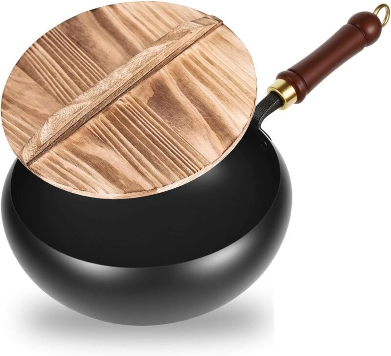 Schmiedeeiserne Bratpfanne, 24 cm, handgeschmiedete Eisenbratpfanne mit Holzdeckel, große Pfanne mit breiter Öffnung, fü...