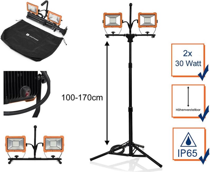 Smartwares - led Profi Baustrahler mit Stativ, höhenverstellbar, IP65 - 2x 30 Watt