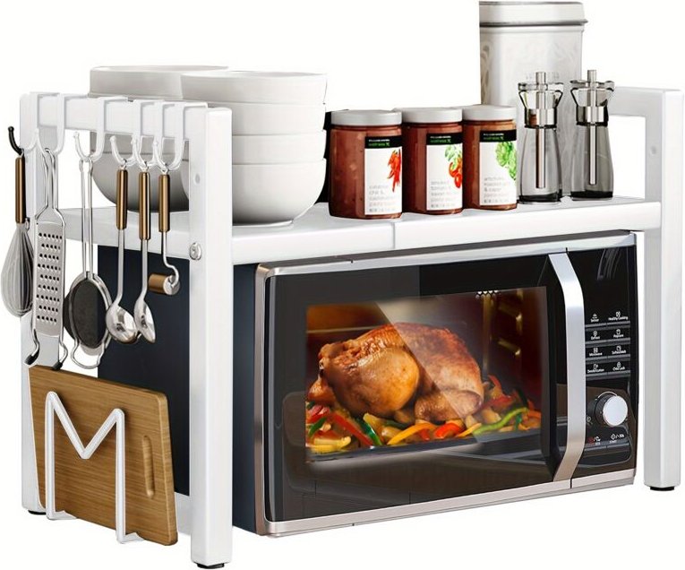 2 Tier Metal Microwave Oven Rack Shelf for Kitchen Tabletop with 6 Hooks,White