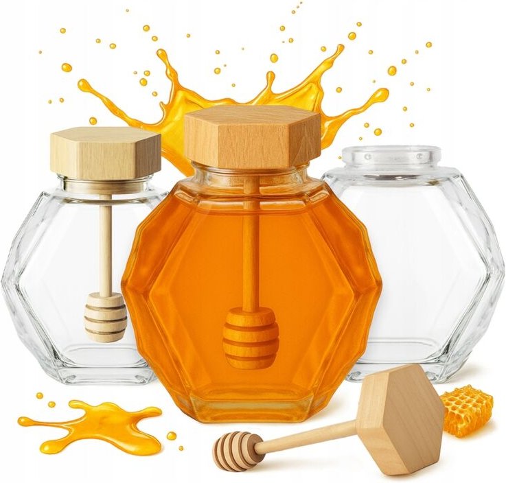 5x MAJA Glasgefäß 380 ml für Honig mit Holzdeckel und sechseckigem Löffel