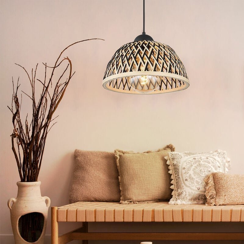 Hängelampe Pendelleuchte Pendellampe Hängeleuchte Esstisch, Boho Bambus Metall schwarz natur, 1x E27 Fassung, DxH 30x120...