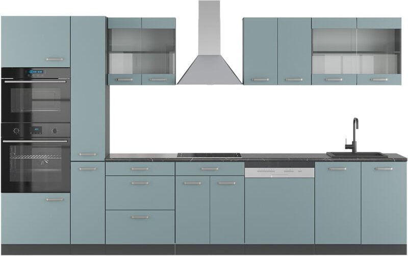 Thumbnail - Vicco - Küchenzeile R-Line, Blau-Grau/Anthrazit, 350 cm mit Hochschrank, ohne Arbeitsplatte